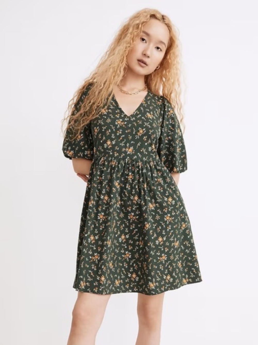 Madewell Green Floral V-Neck Puff Sleeve Dress